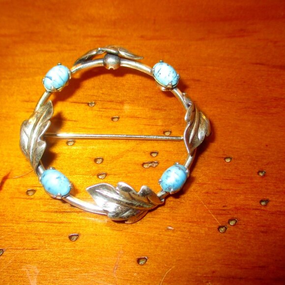 Vintage Sterling Jewelry - Sterling Silver Turquoise Leaf Brooch